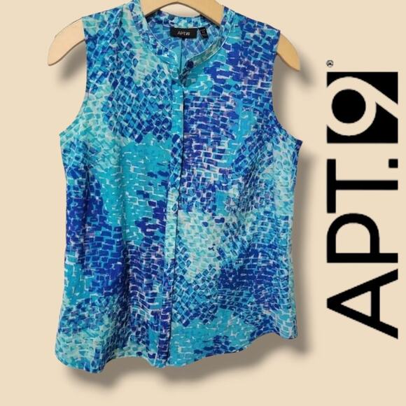 Apt 9 Women's PETITE blue abstract pattern sleeveless button-down Blouse - SP - Picture 7 of 7